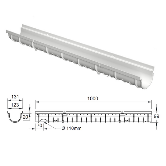 Caniveau 1m DECOLINE – grille en plastique recyclé gris A15 – largeur 10cm