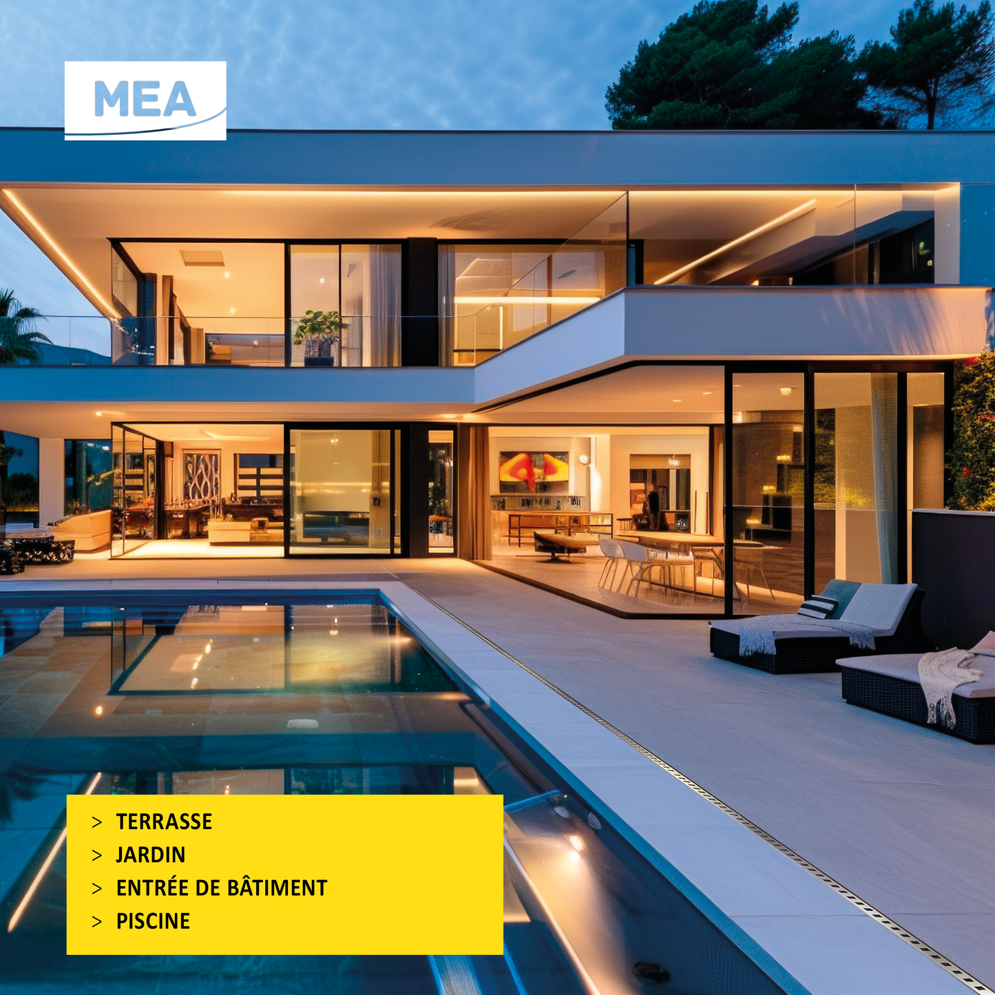 Caniveau discret MEAPARK en plastique recyclé avec fente en polypropylène et profil inox 304 Eblade T - Classe de charge A15 - Norme PMR - Facile à poser. Adapté pour terrasse, jardin, entrée de bâtiment et piscine.