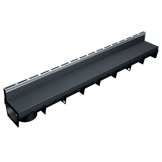 Caniveau discret MEAPARK en plastique recyclé avec fente en polypropylène et profil inox 304 Eblade S - Classe de charge A15 - Norme PMR - Facile à poser. Adapté pour terrasse, jardin, entrée de bâtiment et piscine.