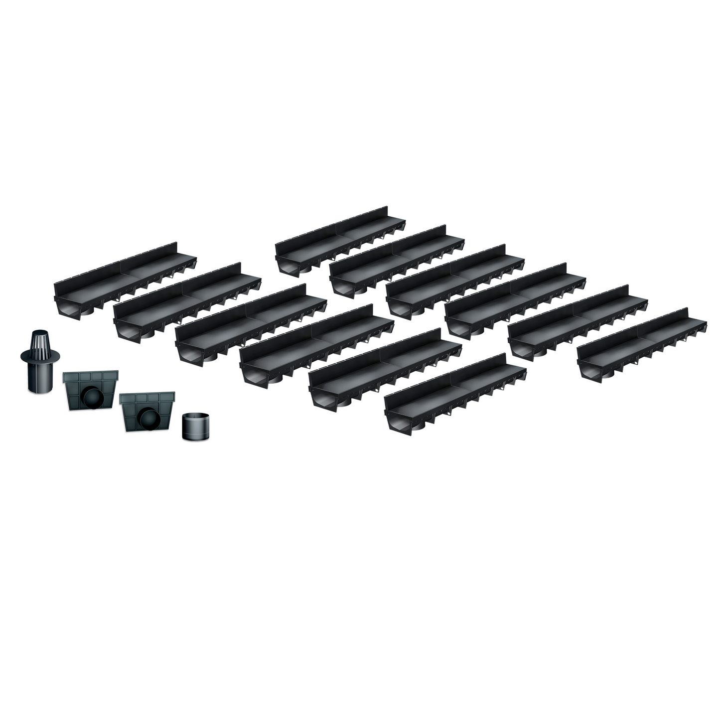 Pack de 12 caniveaux discrets MEAPARK en plastique recyclé avec fente TSC en polypropylène - Classe de charge A15 - Norme PMR - Facile à poser. Adapté pour terrasse, jardin, entrée de bâtiment et piscine.