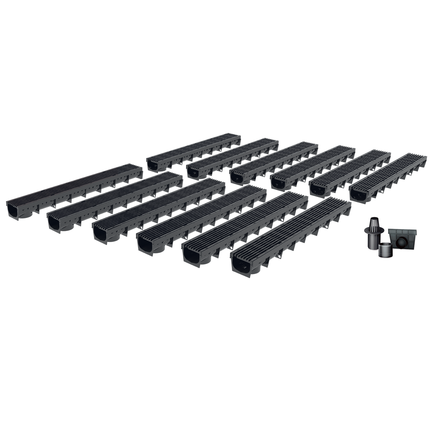 Pack de 12 caniveaux MEAPARK avec grille longitudinale noire en plastique recyclé - Classe de charge A15 - Norme PMR - Facile à poser.
