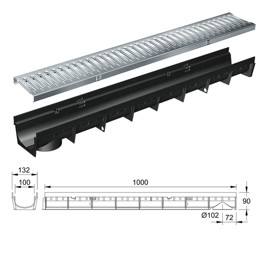 Caniveau 1m MEAPARK – grille acier galvanisé A15 – largeur 10cm