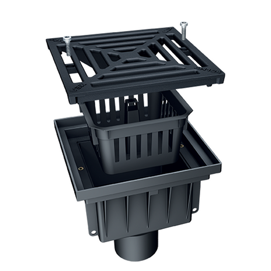 Avaloir de cour MEAPARK en plastique recyclé avec grille en fonte, résistant à une classe de charge B125 selon la norme EN 1433. Norme PMR, installation simple et rapide, adapté au passage de véhicule léger.