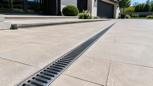 Caniveau de drainage extérieur posé devant une entrée de garage