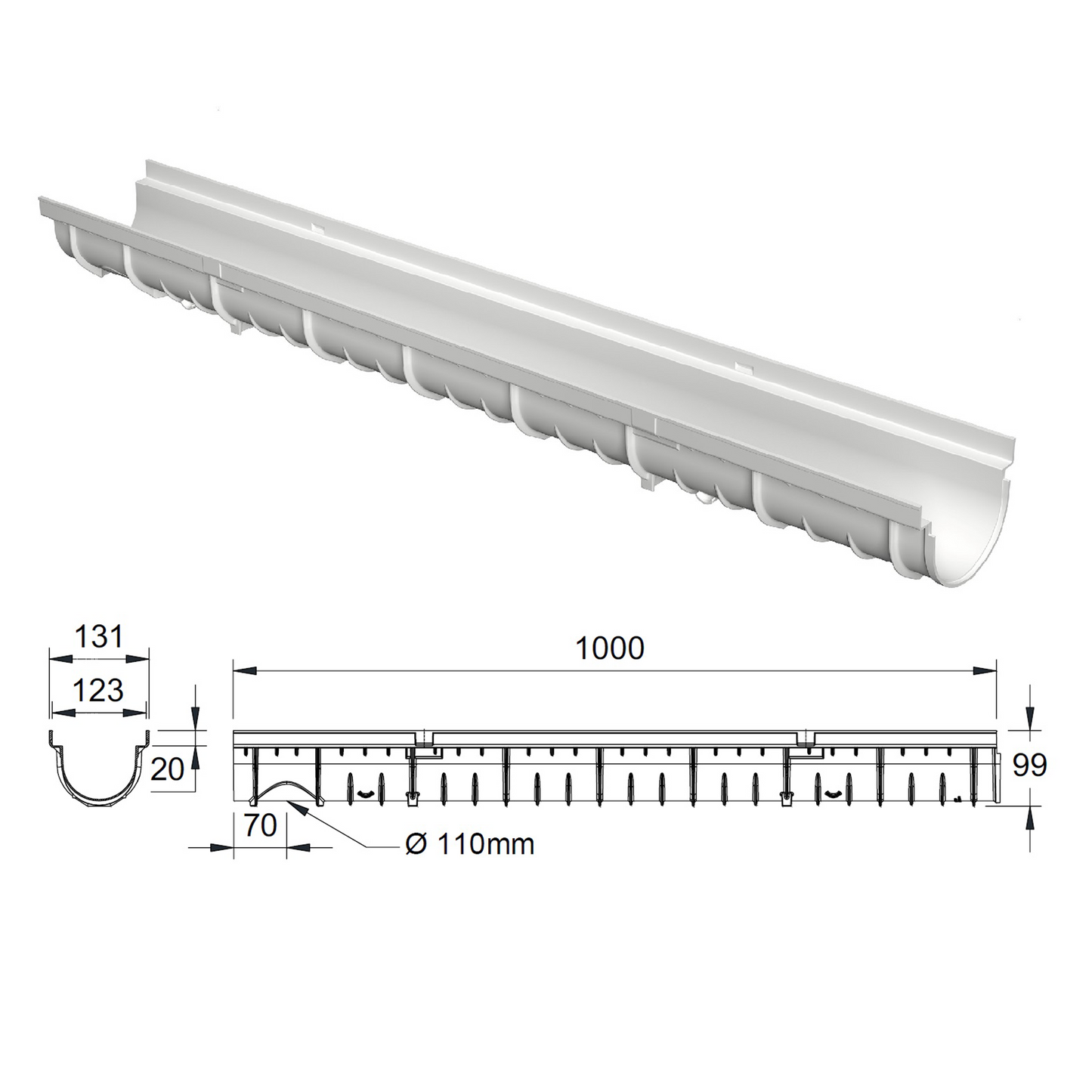 Caniveau design en SMC DECOLINE avec grille longitudinale en plastique recyclé grise. Classe de charge A15, norme PMR - Résiste au gel, au sel et produits chimiques. Adapté pour terrasse, jardin, entre de bâtiment et piscine.