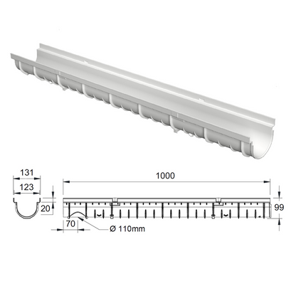 Caniveau design en SMC DECOLINE avec grille longitudinale en plastique recyclé grise. Classe de charge A15, norme PMR - Résiste au gel, au sel et produits chimiques. Adapté pour terrasse, jardin, entre de bâtiment et piscine.