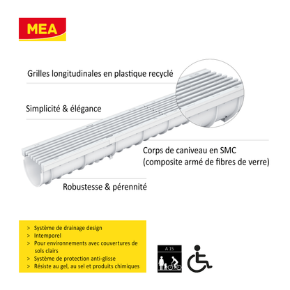 Caniveau design en SMC DECOLINE avec grille longitudinale en plastique recyclé grise. Classe de charge A15, norme PMR. Adapté aux environnements avec couvertures de sols clairs - Résiste au gel, au sel et produits chimiques.