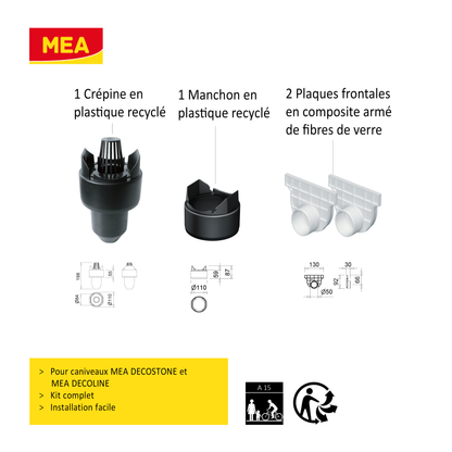 Kit complet d'accessoires pour caniveau DECOLINE comprenant 1 crépine et 1 manchon en plastique recyclé et 2 plaques frontales en SMC.