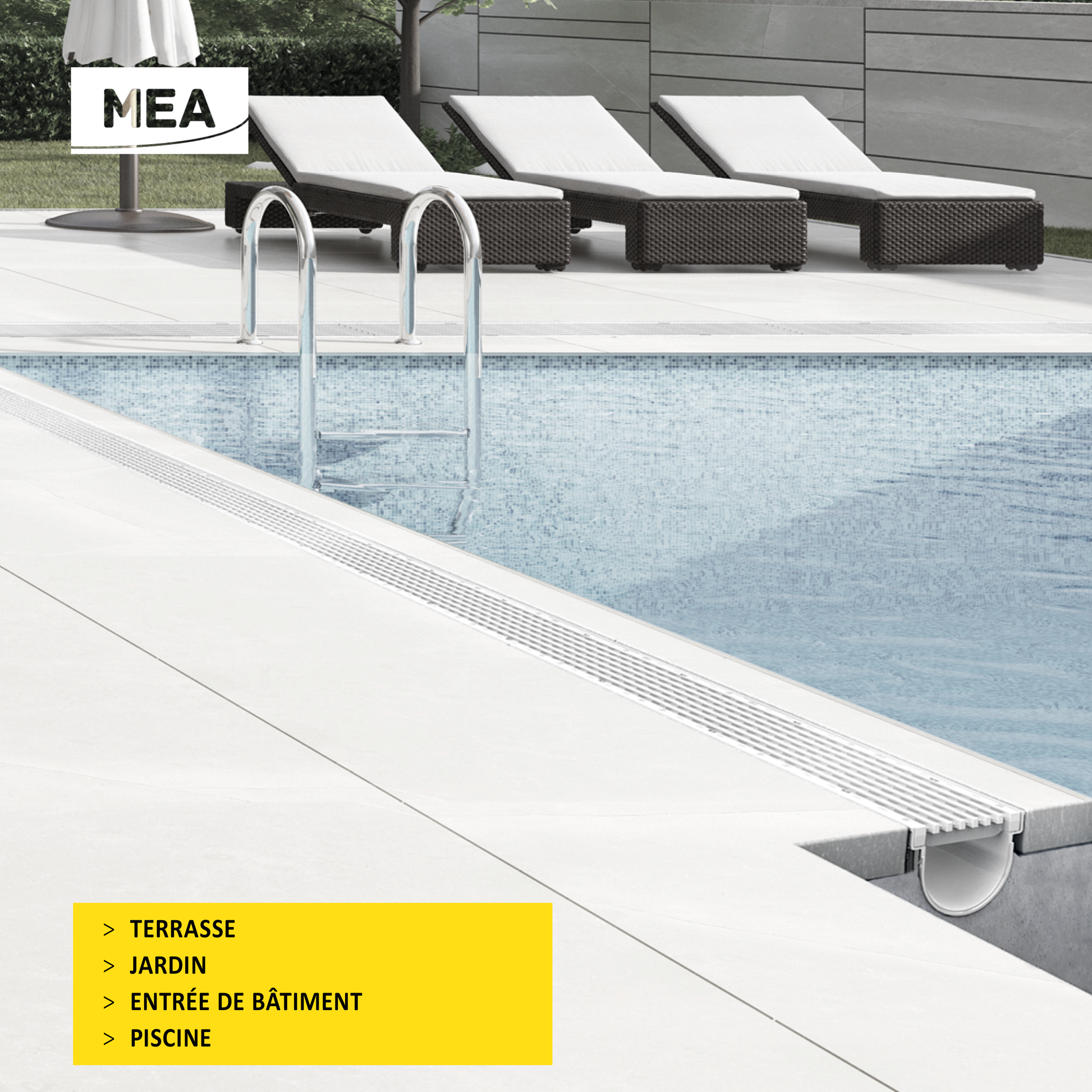 Caniveau design en SMC DECOLINE avec grille longitudinale en plastique recyclé grise. Classe de charge A15, norme PMR - Résiste au gel, au sel et produits chimiques. Adapté pour terrasse, jardin, entre de bâtiment et piscine.