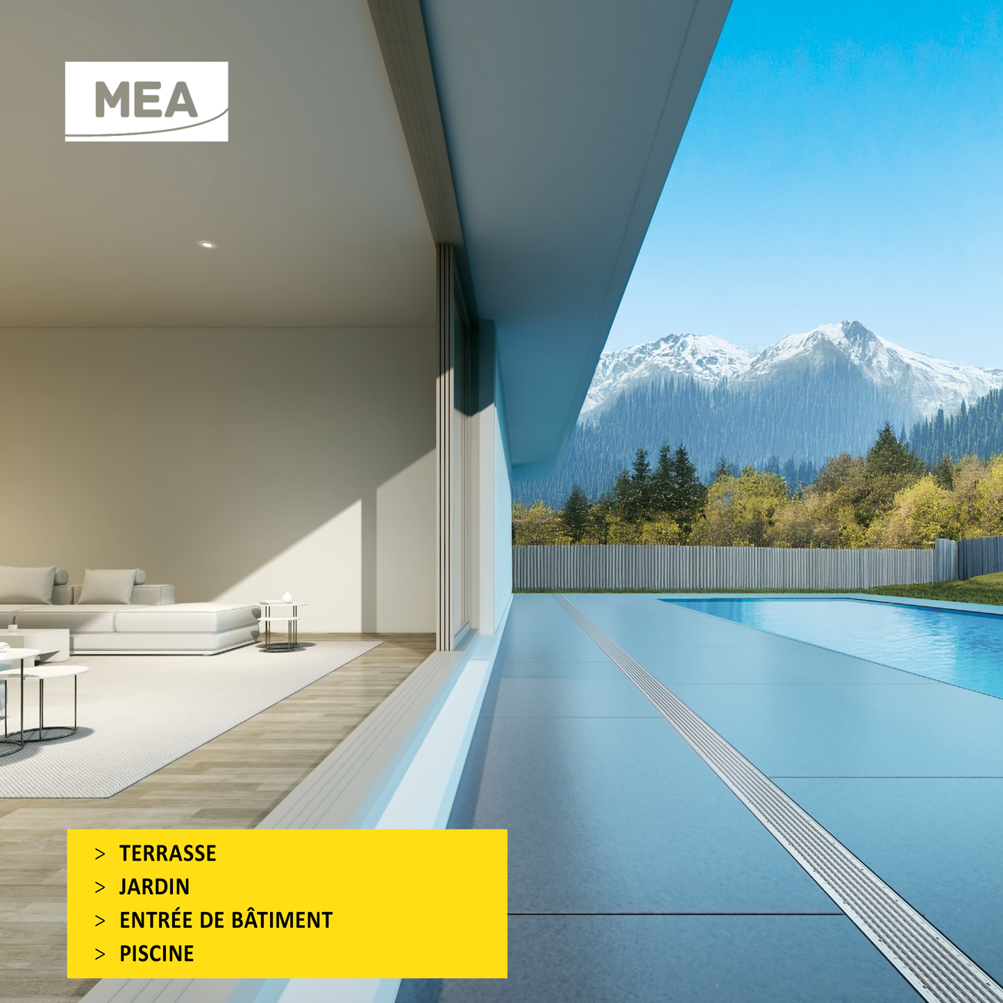 Caniveau design en SMC DECOLINE avec grille longitudinale en plastique recyclé grise. Classe de charge A15, norme PMR - Résiste au gel, au sel et produits chimiques. Adapté pour terrasse, jardin, entre de bâtiment et piscine.