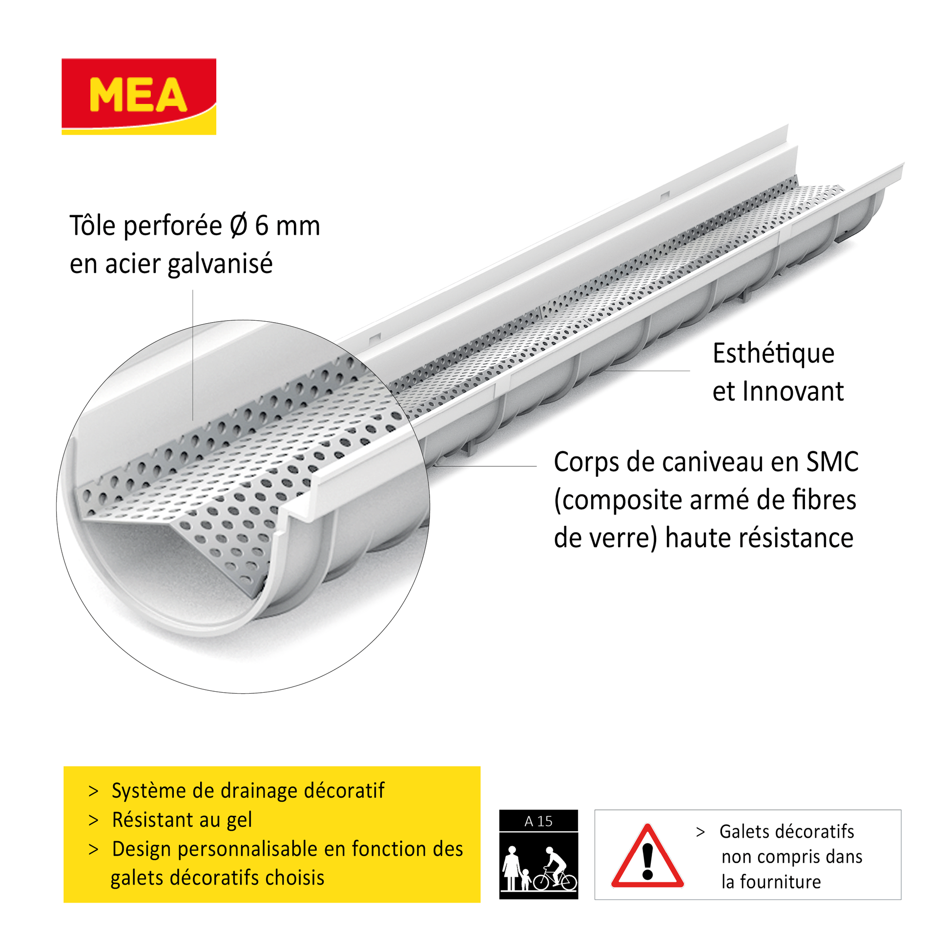 Caniveau décoratif en SMC DECOSTONE avec tôle perforée en acier galvanisé - Résiste au gel - classe de charge A15.