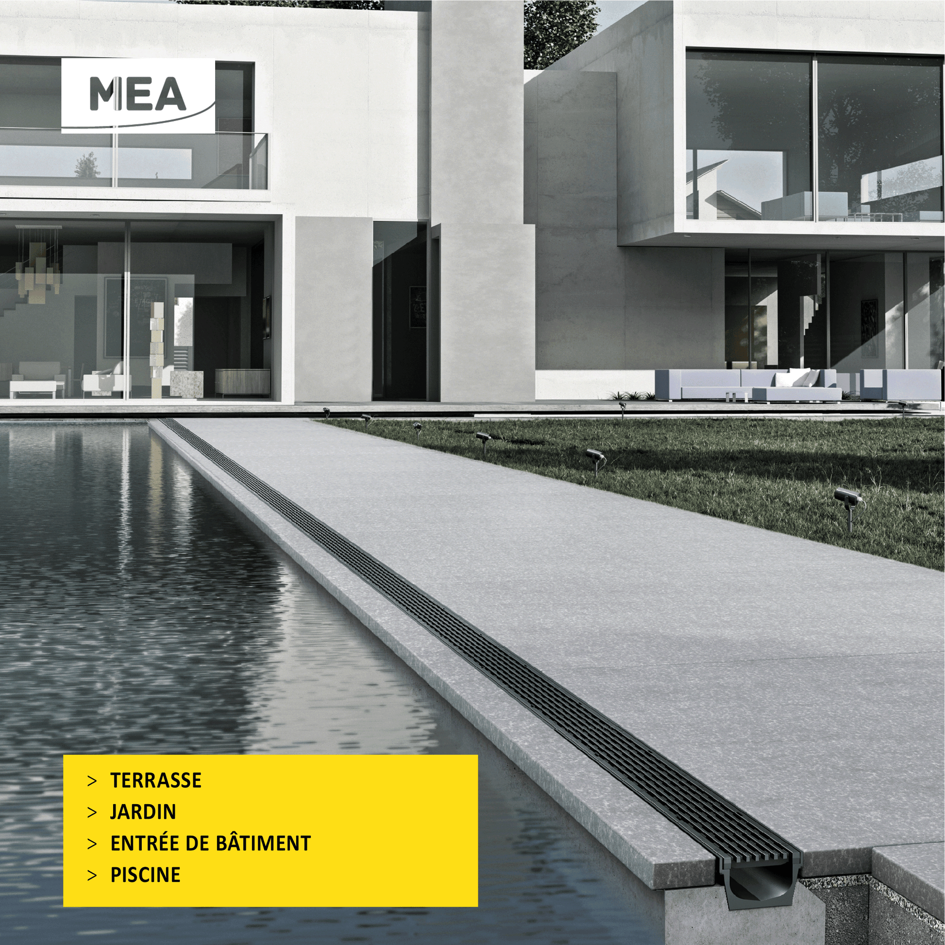 caniveaux MEAPARK avec grille longitudinale noire en plastique recyclé adaptés pour terrasse, jardin, entrée de bâtiment et piscine - Classe de charge A15 - Norme PMR - Facile à poser.