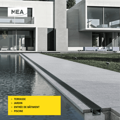 caniveaux MEAPARK avec grille longitudinale noire en plastique recyclé adaptés pour terrasse, jardin, entrée de bâtiment et piscine - Classe de charge A15 - Norme PMR - Facile à poser.