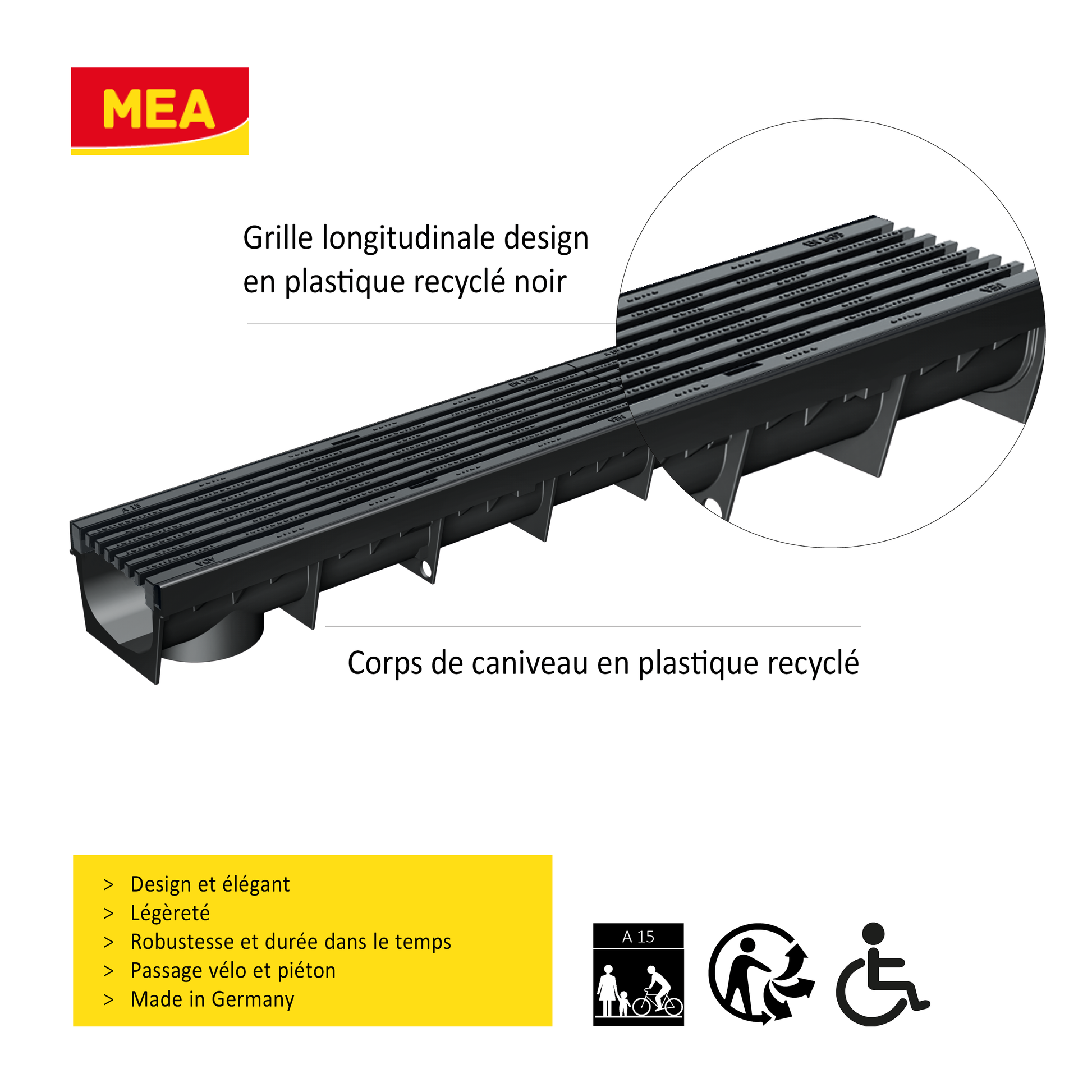 Caniveau design MEAPARK avec grille longitudinale noire en plastique recyclé adapté pour passage piéton et vélo - Classe de charge A15 - Norme PMR - Facile à poser.