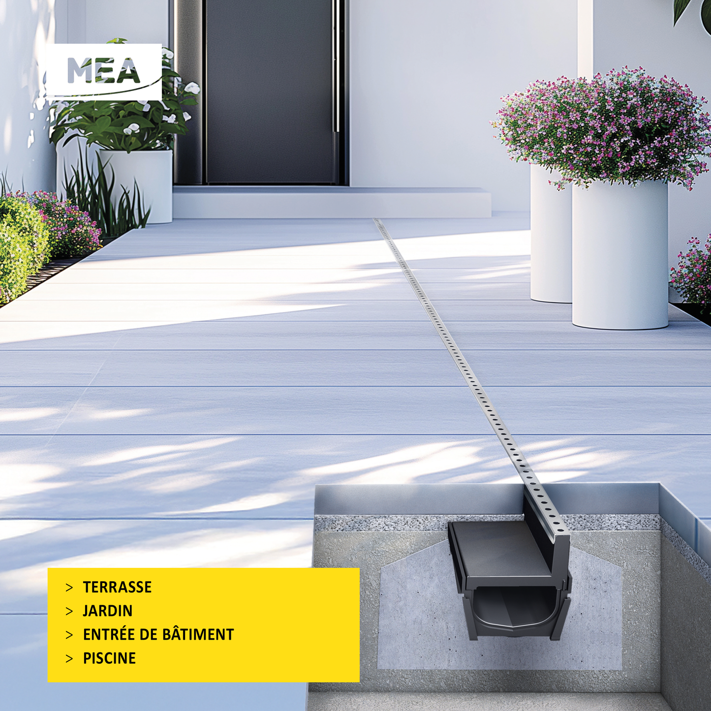 Caniveau discret MEAPARK en plastique recyclé avec fente en polypropylène et profil inox 304 Eblade B - Classe de charge A15 - Norme PMR - Facile à poser. Adapté pour terrasse, jardin, entrée de bâtiment et piscine.