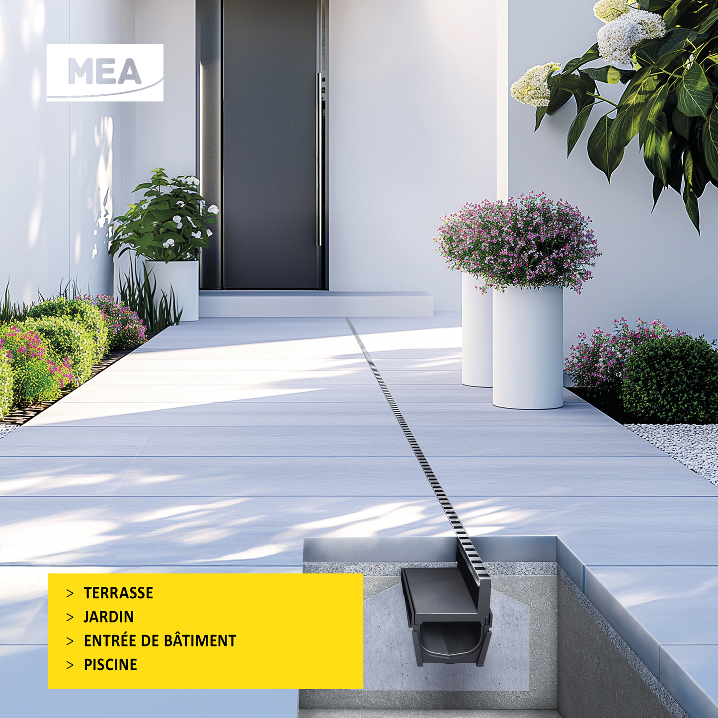 Caniveau discret MEAPARK en plastique recyclé avec fente en polypropylène et profil inox 304 Eblade L - Classe de charge A15 - Norme PMR - Facile à poser. Adapté pour terrasse, jardin, entrée de bâtiment et piscine.