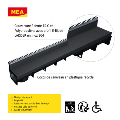 Caniveau discret MEAPARK en plastique recyclé avec fente en polypropylène et profil inox 304 Eblade L - Classe de charge A15 - Norme PMR - Facile à poser. Adapté pour terrasse, jardin, entrée de bâtiment et piscine.