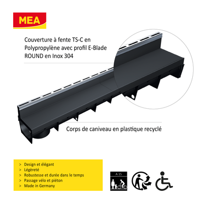 Caniveau discret MEAPARK en plastique recyclé avec fente en polypropylène et profil inox 304 Eblade R - Classe de charge A15 - Norme PMR - Facile à poser. Adapté pour terrasse, jardin, entrée de bâtiment et piscine.