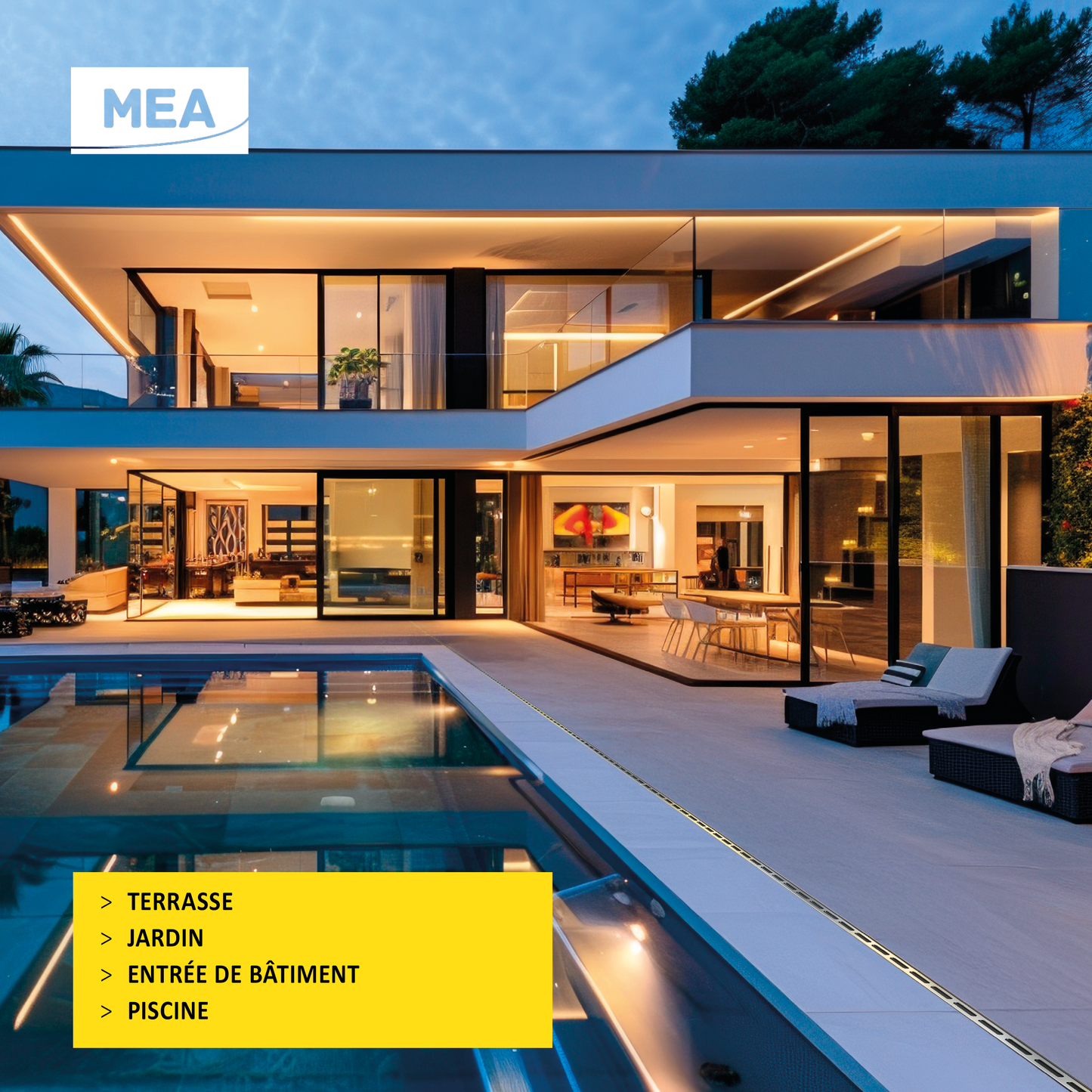 Caniveau discret MEAPARK en plastique recyclé avec fente en polypropylène et profil inox 304 Eblade R - Classe de charge A15 - Norme PMR - Facile à poser. Adapté pour terrasse, jardin, entrée de bâtiment et piscine.