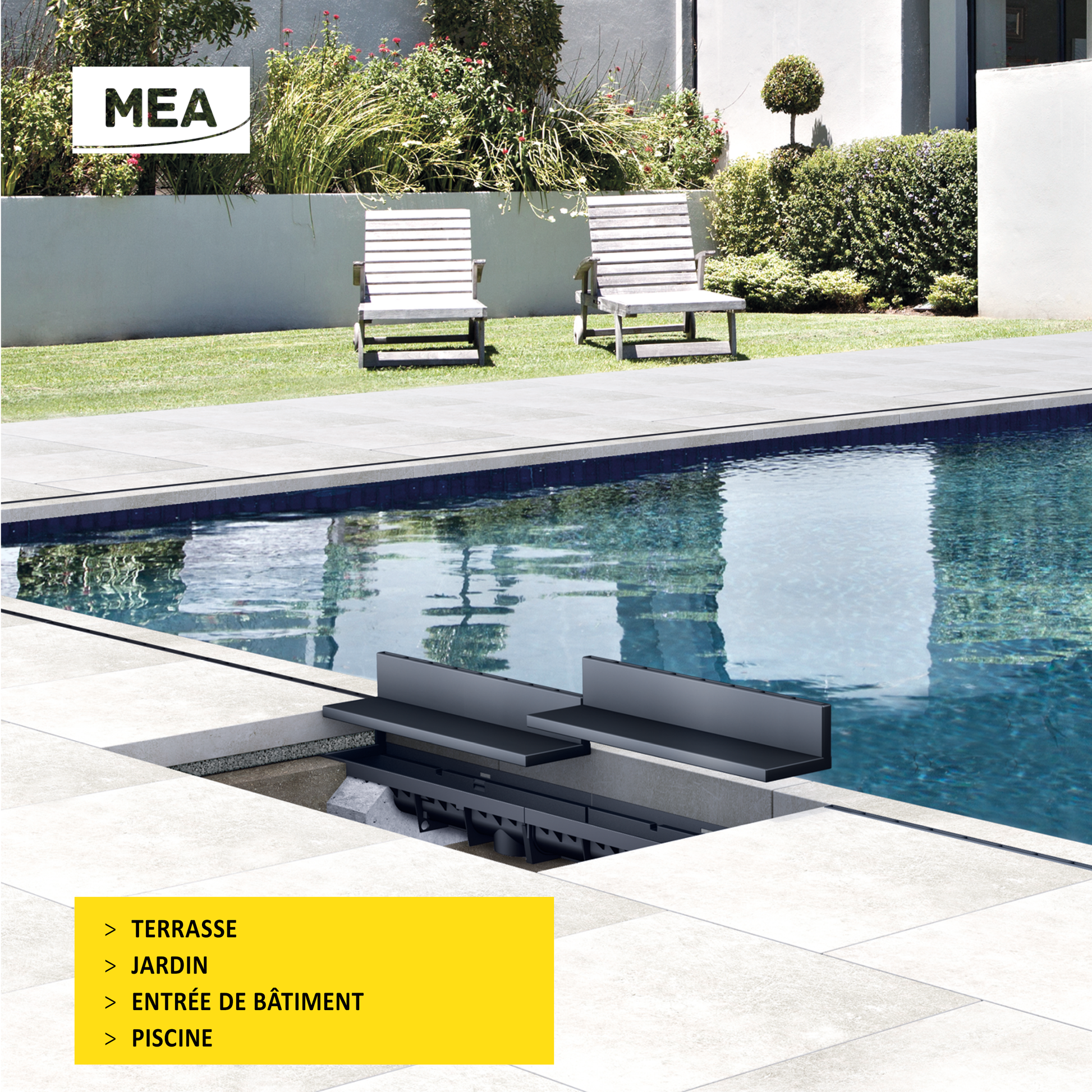 Caniveau discret MEAPARK en plastique recyclé avec fente TSC en polypropylène - Classe de charge A15 - Norme PMR - Facile à poser. Adapté pour terrasse, jardin, entrée de bâtiment et piscine.