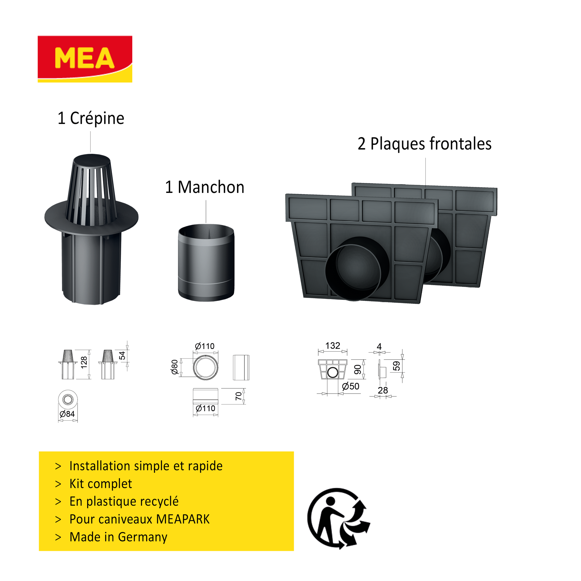 Kit accessoires en plastique recyclé pour caniveaux MEAPARK. Le kit contient 1 crépine, 1 manchon et 2 plaques frontales.