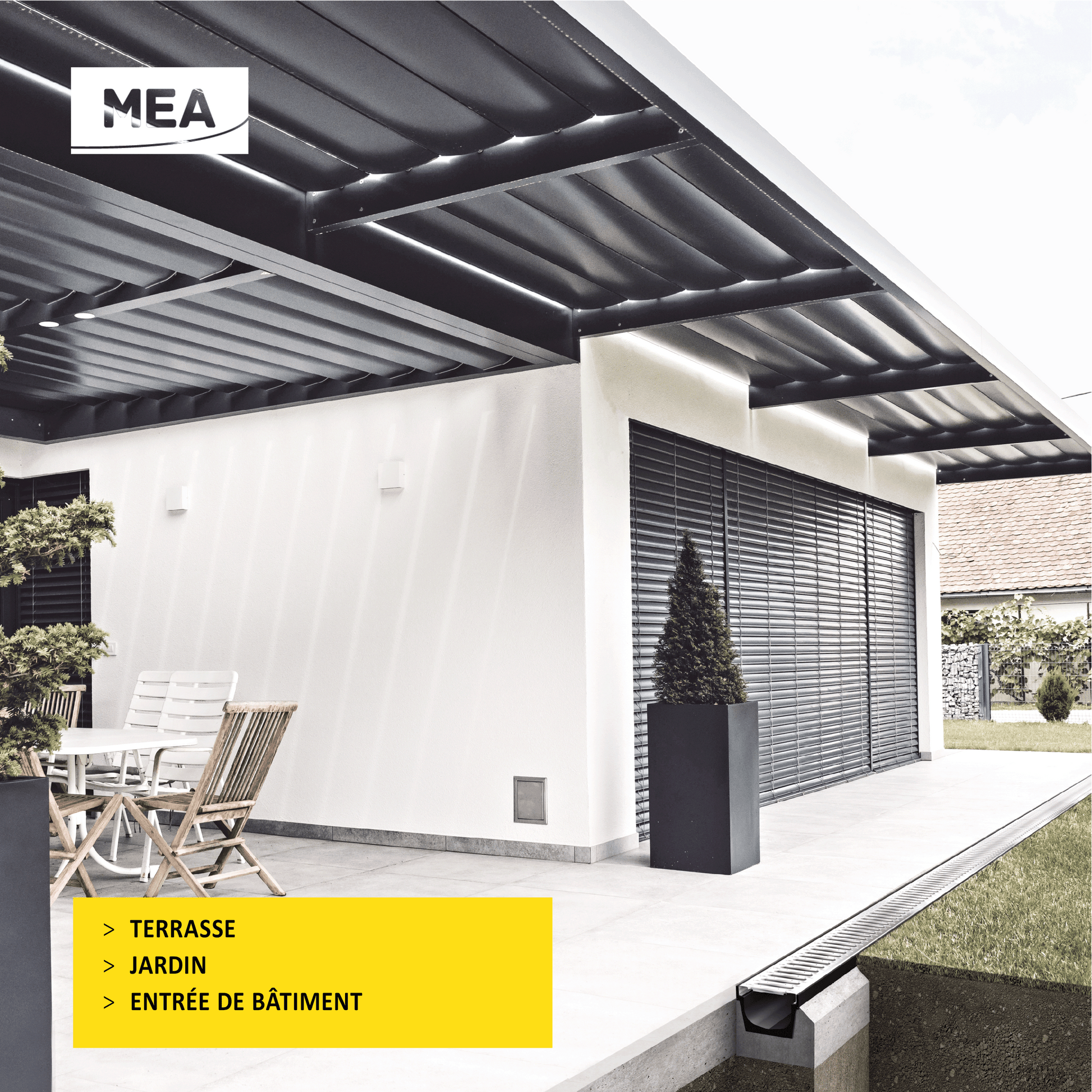 Caniveau en plastique recyclé MEAPARK avec grille en acier galvanisé - Classe de charge A15 - norme PMR - Made in Germany - adapté pour terrasse, jardin et entrée de bâtiment.