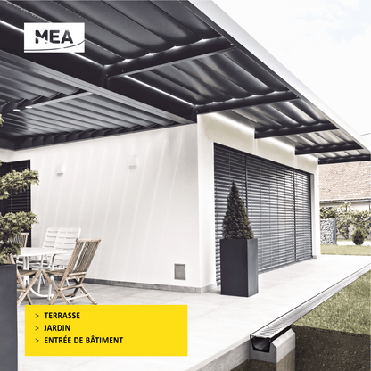 Caniveau en plastique recyclé MEAPARK avec grille en acier galvanisé - Classe de charge A15 - norme PMR - Made in Germany - adapté pour terrasse, jardin et entrée de bâtiment.