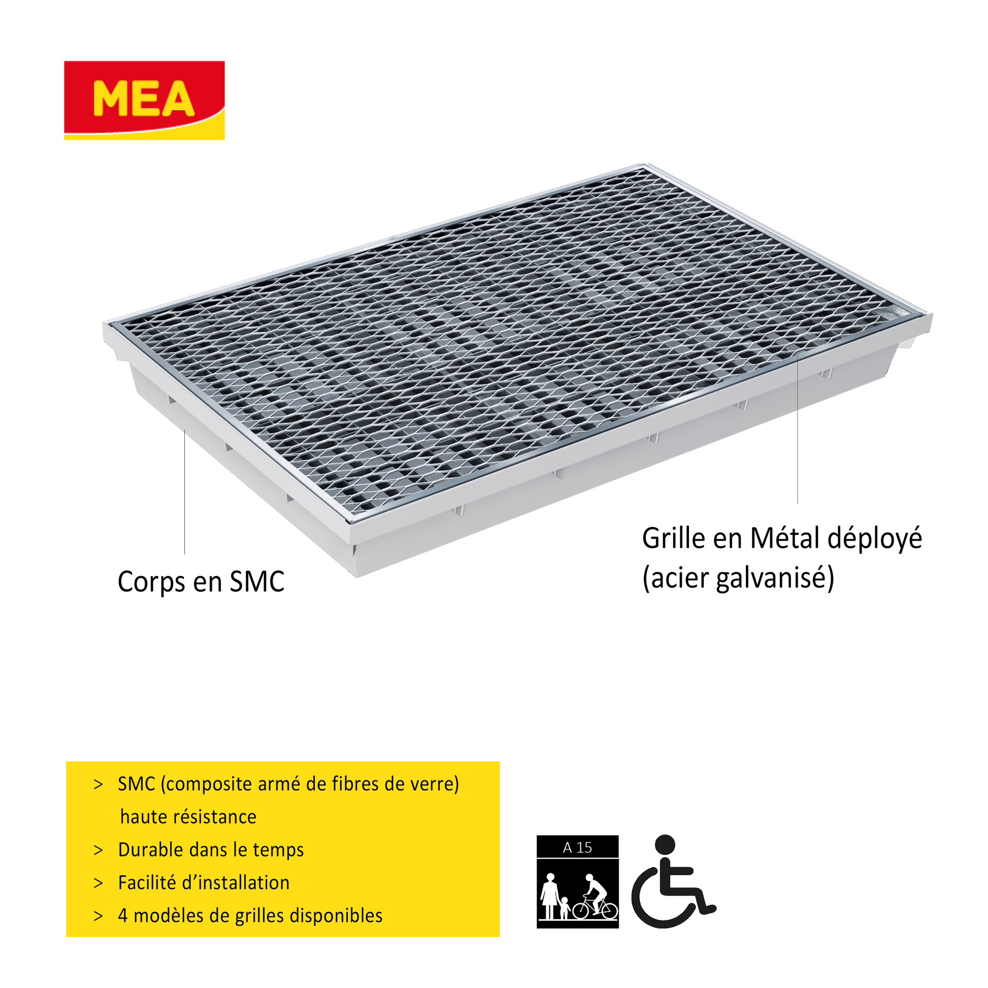 Paillassons encastrables en SMC avec grille en métal déployé – solutions robustes et esthétiques pour entrées propres, adaptées aux environnements à fort passage. Norme PMR - classe de charge A15.