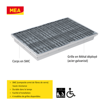 Paillassons encastrables en SMC avec grille en métal déployé – solutions robustes et esthétiques pour entrées propres, adaptées aux environnements à fort passage. Norme PMR - classe de charge A15.