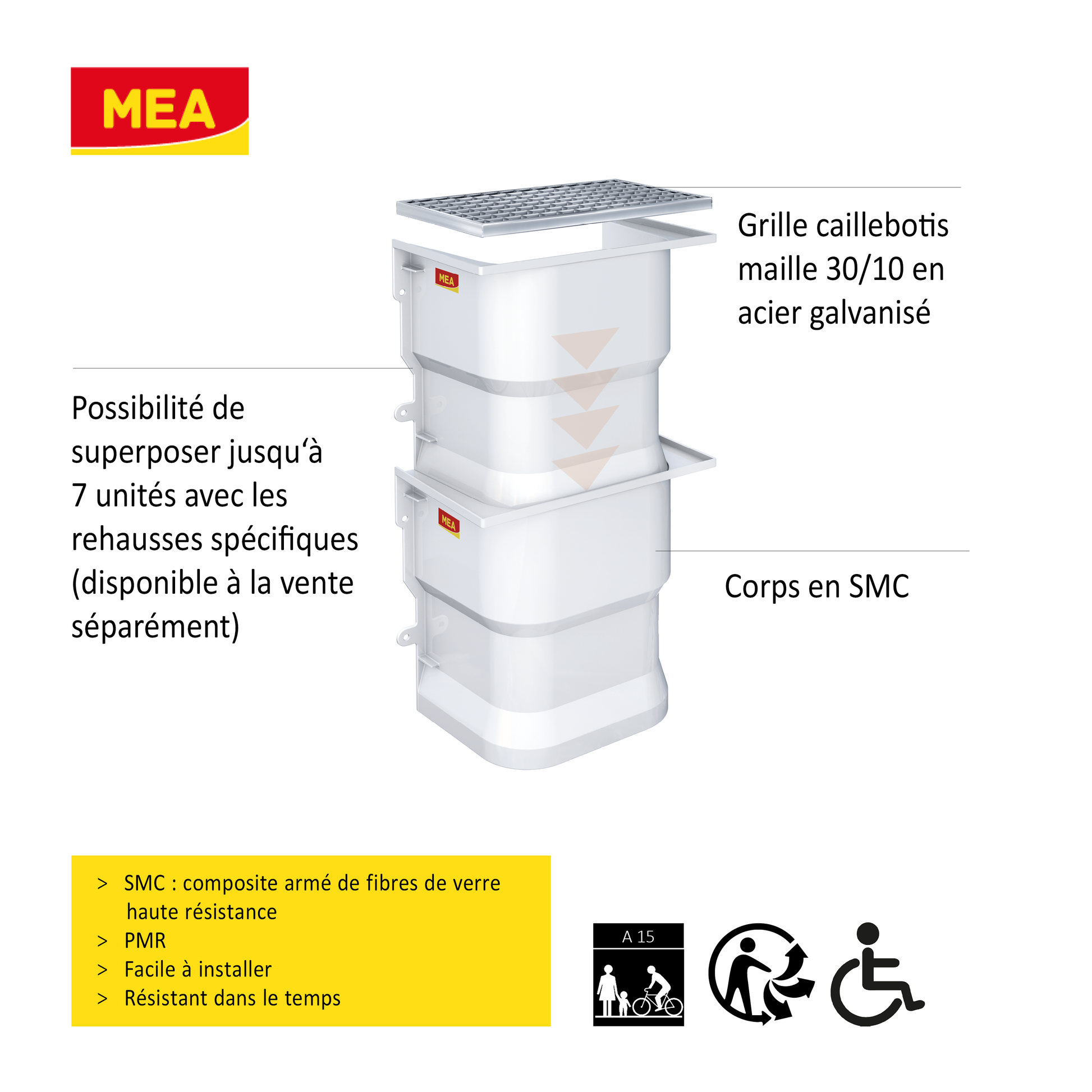 Courette d'aération MEA en SMC avec rehausse et grille caillebotis maille 30/10 en acier galvanisé - Une solution adaptée pour faciliter l'aération d'un vide sanitaire ou d'un sous sol.