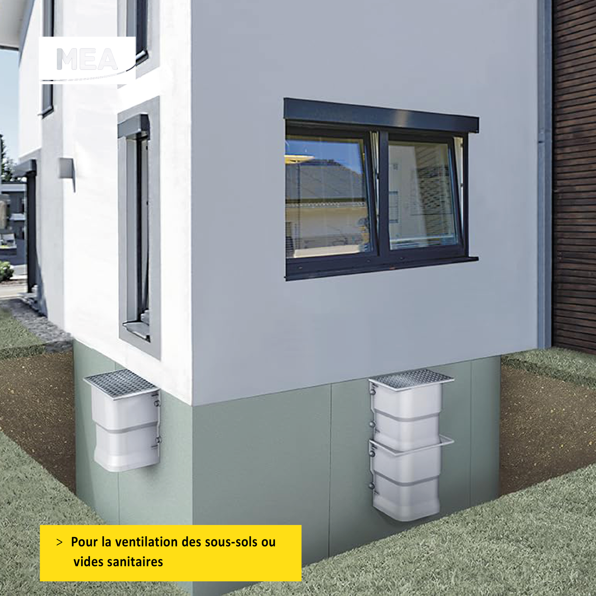 Courette d'aération MEA en SMC avec rehausse et grille caillebotis maille 30/10 en acier galvanisé - Une solution adaptée pour faciliter l'aération d'un vide sanitaire ou d'un sous sol.