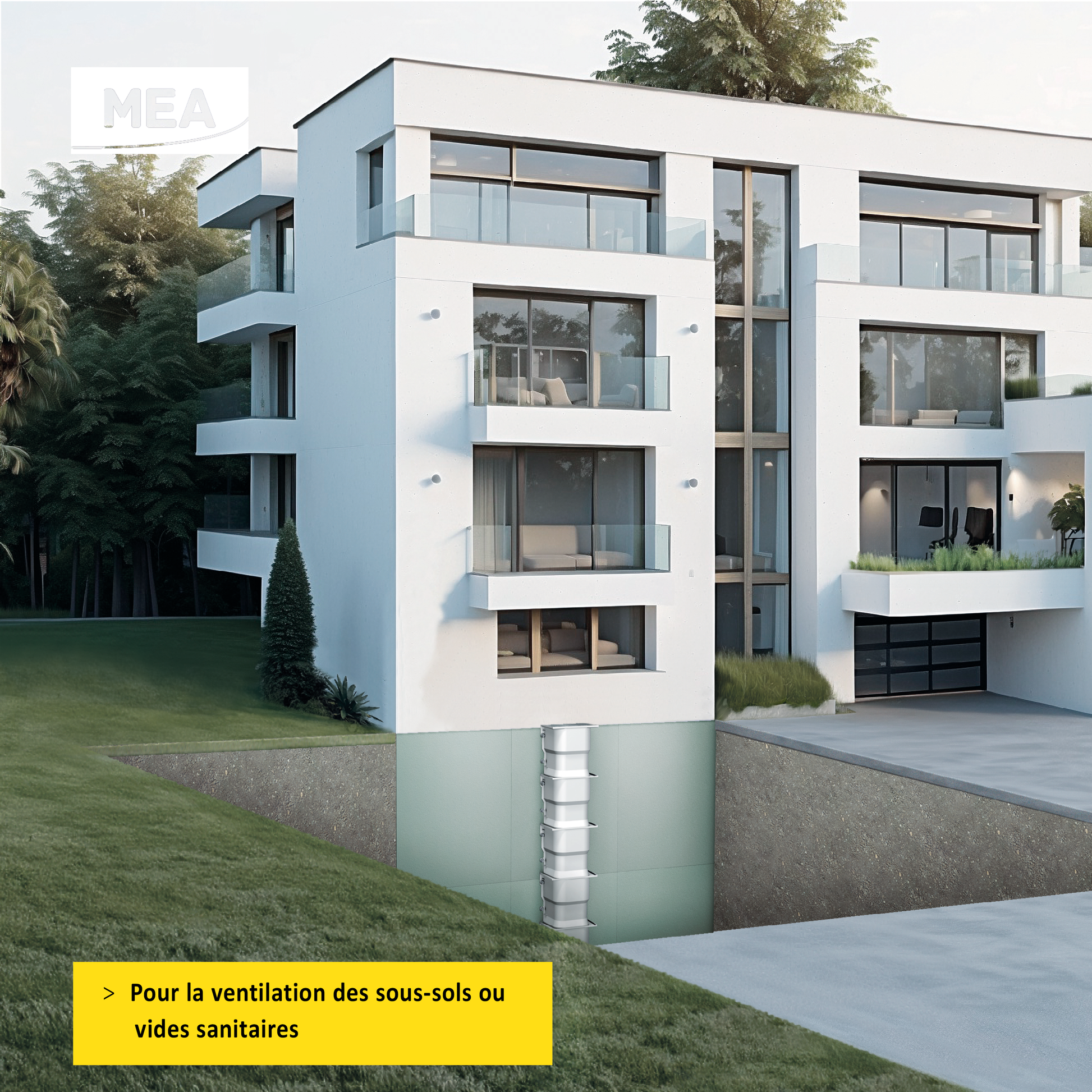 Courette d'aération MEA en SMC avec rehausse et grille caillebotis maille 30/10 en acier galvanisé - Une solution adaptée pour faciliter l'aération d'un vide sanitaire ou d'un sous sol.