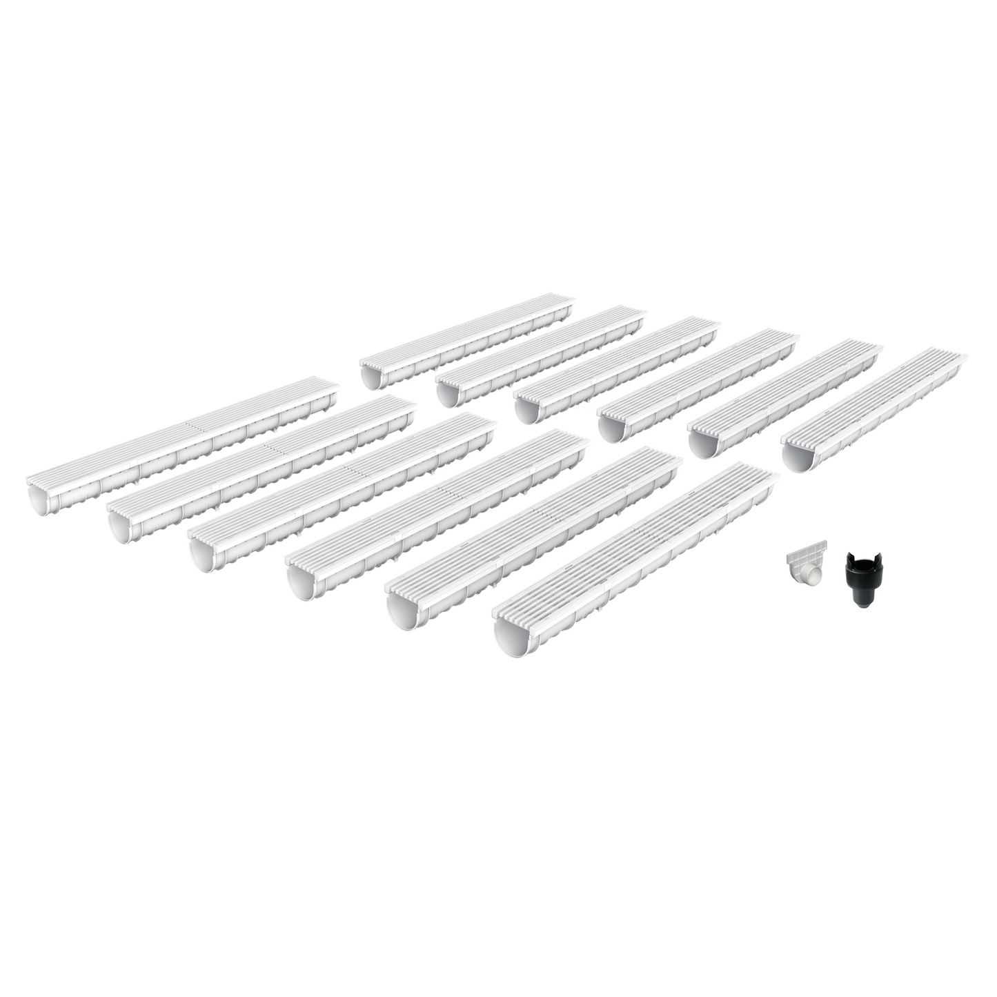 Pack de 12 caniveaux design  en SMC DECOLINE avec grille longitudinale en plastique recyclé grise. Classe de charge A15, norme PMR. Adaptés aux environnements avec couvertures de sols clairs - Résiste au gel, au sel et produits chimiques.