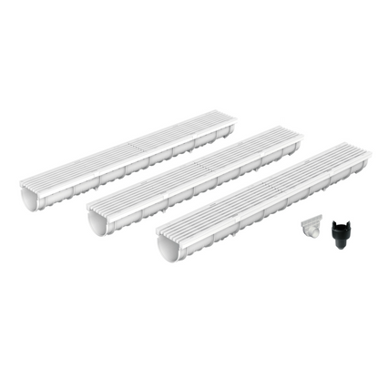 Pack de 3 caniveaux design en SMC DECOLINE avec grille longitudinale en plastique recyclé grise. Classe de charge A15, norme PMR. Adaptés aux environnements avec couvertures de sols clairs - Résiste au gel, au sel et produits chimiques.
