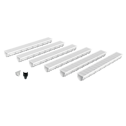 Pack de 6 caniveaux design en SMC DECOLINE avec grille longitudinale en plastique recyclé grise. Classe de charge A15, norme PMR. Adaptés aux environnements avec couvertures de sols clairs - Résiste au gel, au sel et produits chimiques.