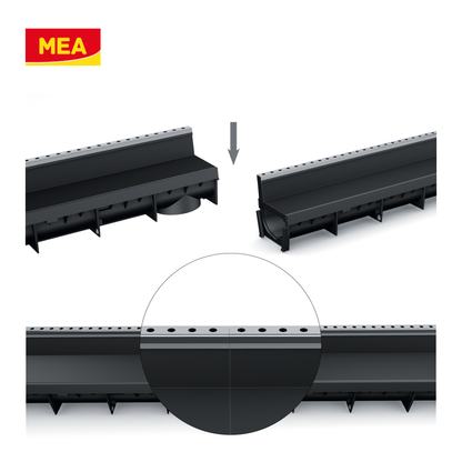 Caniveau discret MEAPARK en plastique recyclé avec fente en polypropylène et profil inox 304 Eblade B - Classe de charge A15 - Norme PMR - Facile à poser. Adapté pour terrasse, jardin, entrée de bâtiment et piscine.