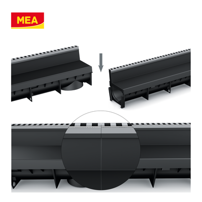 Caniveau discret MEAPARK en plastique recyclé avec fente en polypropylène et profil inox 304 Eblade L - Classe de charge A15 - Norme PMR - Facile à poser. Adapté pour terrasse, jardin, entrée de bâtiment et piscine.