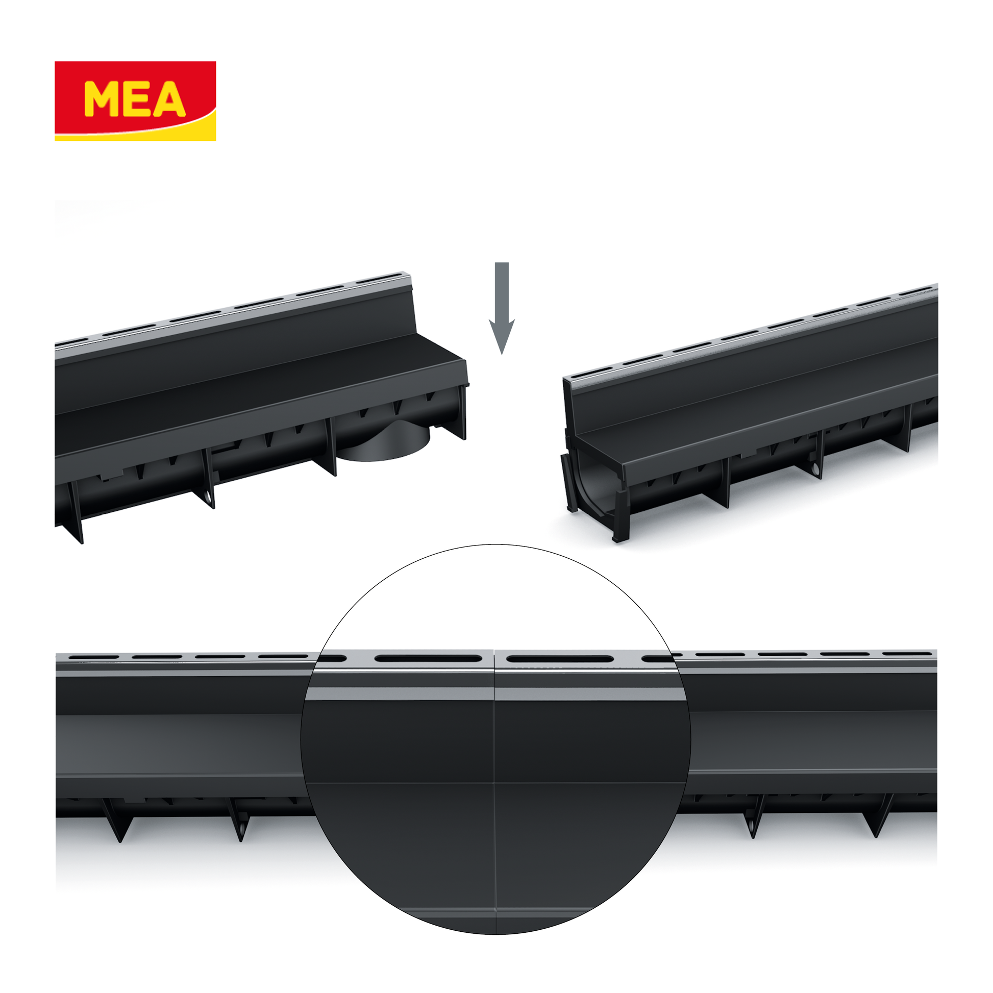 Caniveau discret MEAPARK en plastique recyclé avec fente en polypropylène et profil inox 304 Eblade R - Classe de charge A15 - Norme PMR - Facile à poser. Adapté pour terrasse, jardin, entrée de bâtiment et piscine.