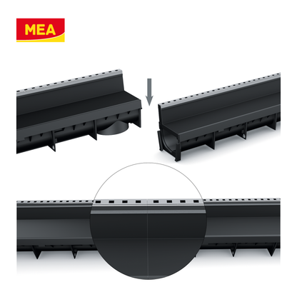 Caniveau discret MEAPARK en plastique recyclé avec fente en polypropylène et profil inox 304 Eblade T - Classe de charge A15 - Norme PMR - Facile à poser. Adapté pour terrasse, jardin, entrée de bâtiment et piscine.