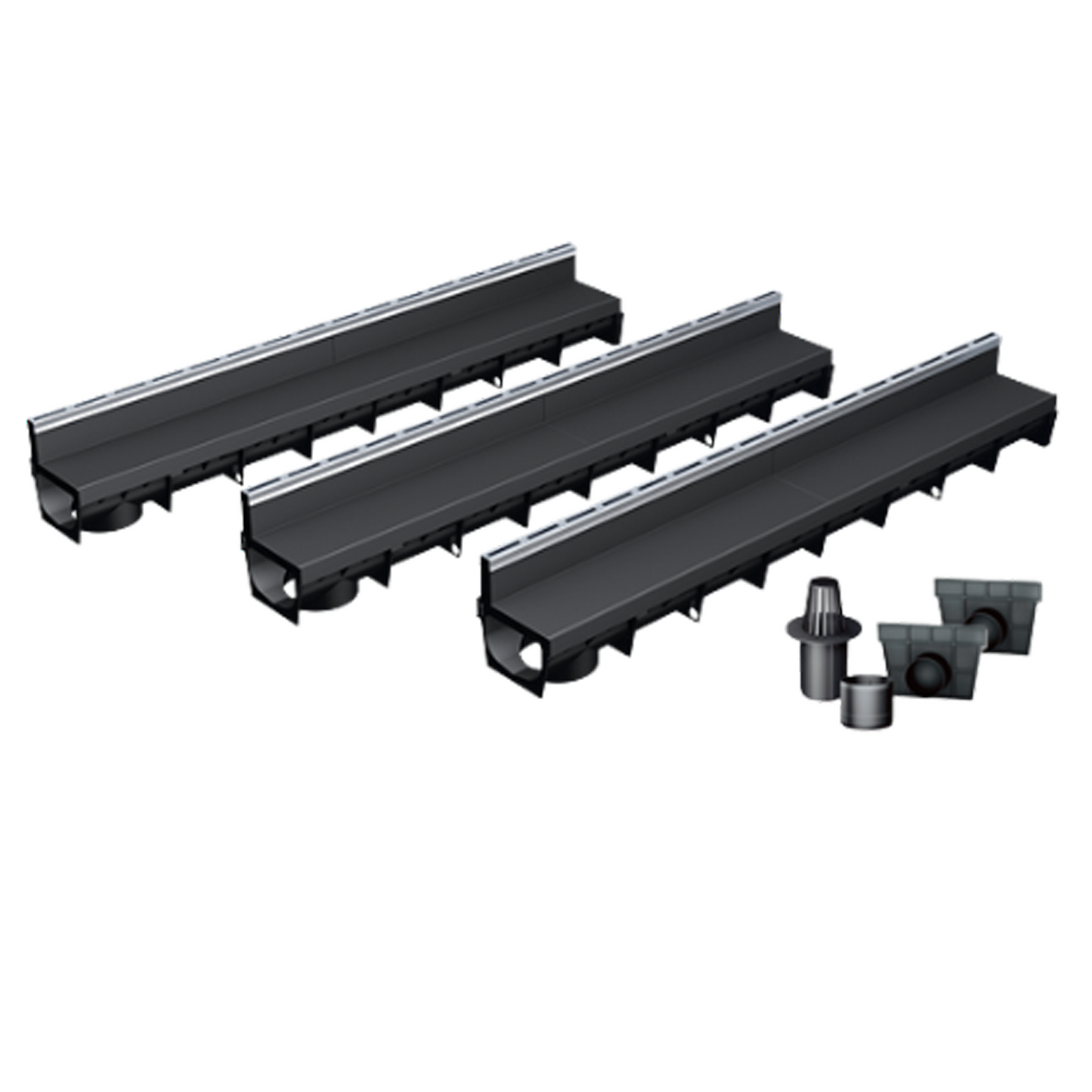 Pack de 3 caniveaux MEAPARK en plastique recyclé avec fente en polypropylène et profil inox 304 Eblade S - Classe de charge A15 - Norme PMR - Facile à poser. Vendu avec kit d'accessoires complet.