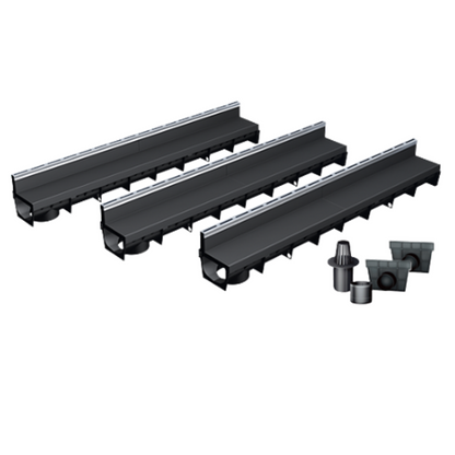 Pack de 3 caniveaux MEAPARK en plastique recyclé avec fente en polypropylène et profil inox 304 Eblade S - Classe de charge A15 - Norme PMR - Facile à poser. Vendu avec kit d'accessoires complet.