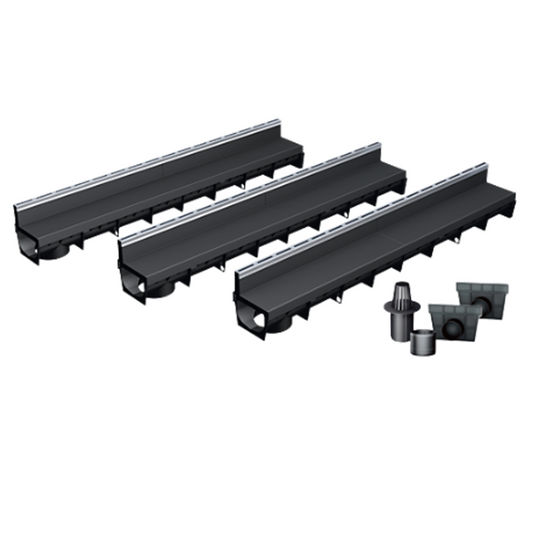 Pack de 3 caniveaux MEAPARK en plastique recyclé avec fente en polypropylène et profil inox 304 Eblade S - Classe de charge A15 - Norme PMR - Facile à poser. Vendu avec kit d'accessoires complet.