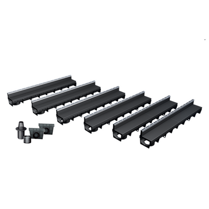 Pack de 6 caniveaux MEAPARK en plastique recyclé avec fente en polypropylène et profil inox 304 Eblade S - Classe de charge A15 - Norme PMR - Facile à poser. Vendu avec kit d'accessoires complet.