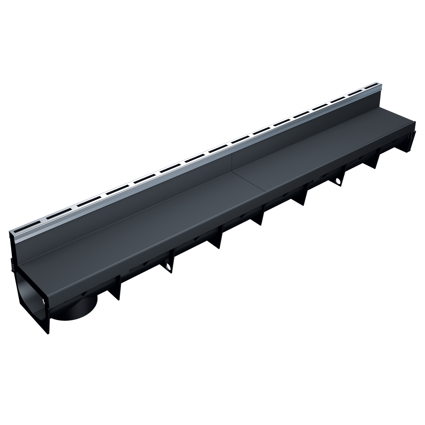 Caniveau discret MEAPARK en plastique recyclé avec fente en polypropylène et profil inox 304 Eblade S - Classe de charge A15 - Norme PMR - Facile à poser. Adapté pour terrasse, jardin, entrée de bâtiment et piscine.