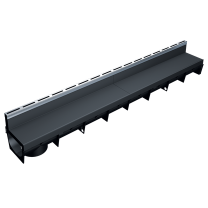 Caniveau discret MEAPARK en plastique recyclé avec fente en polypropylène et profil inox 304 Eblade S - Classe de charge A15 - Norme PMR - Facile à poser. Adapté pour terrasse, jardin, entrée de bâtiment et piscine.