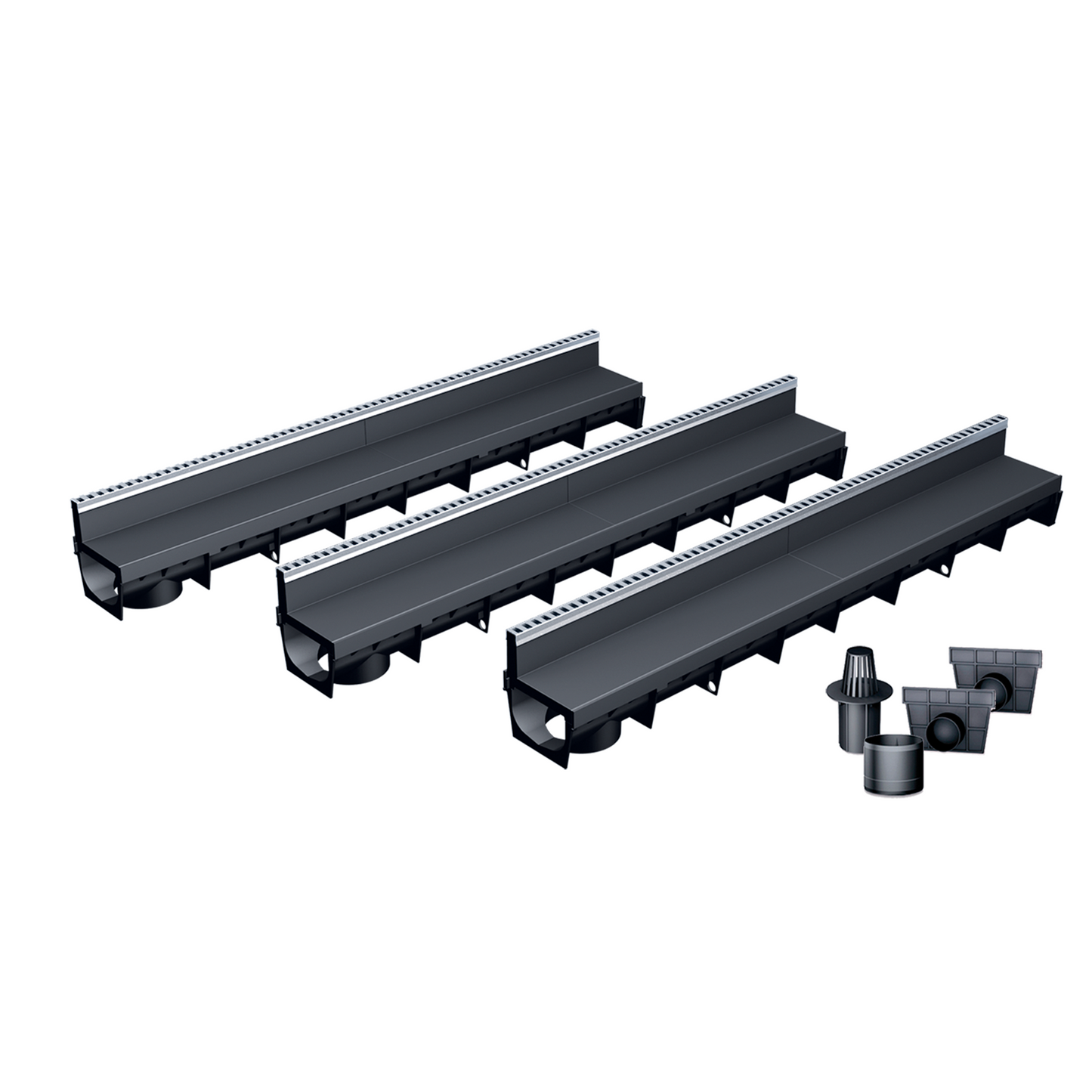 Pack de 3 caniveaux MEAPARK en plastique recyclé avec fente en polypropylène et profil inox 304 Eblade L - Classe de charge A15 - Norme PMR - Facile à poser. Vendu avec kit d'accessoires complet.