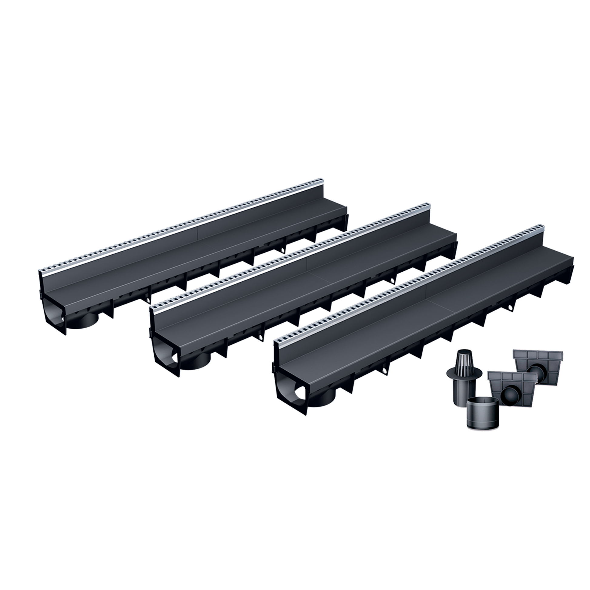 Pack de 3 caniveaux MEAPARK en plastique recyclé avec fente en polypropylène et profil inox 304 Eblade L - Classe de charge A15 - Norme PMR - Facile à poser. Vendu avec kit d'accessoires complet.