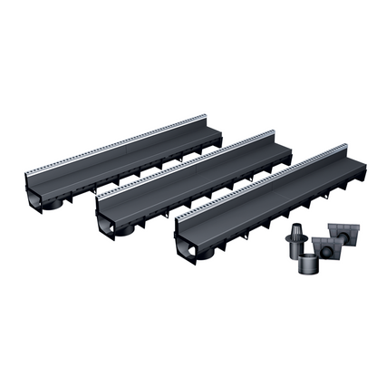 Pack de 3 caniveaux MEAPARK en plastique recyclé avec fente en polypropylène et profil inox 304 Eblade L - Classe de charge A15 - Norme PMR - Facile à poser. Vendu avec kit d'accessoires complet.