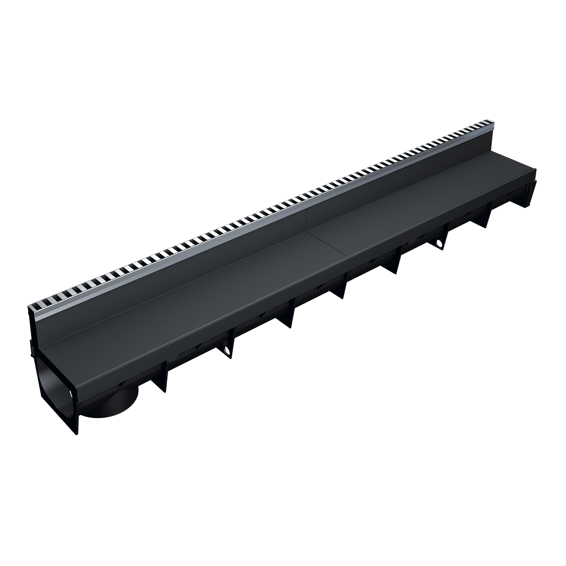 Caniveau discret MEAPARK en plastique recyclé avec fente en polypropylène et profil inox 304 Eblade L - Classe de charge A15 - Norme PMR - Facile à poser. Adapté pour terrasse, jardin, entrée de bâtiment et piscine.