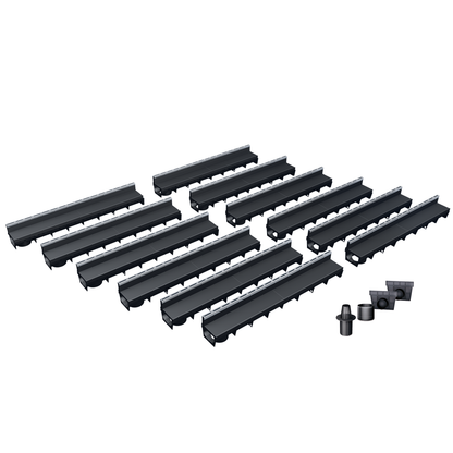 Pack de 12 caniveaux MEAPARK en plastique recyclé avec fente en polypropylène et profil inox 304 Eblade R - Classe de charge A15 - Norme PMR - Facile à poser. Vendu avec kit d'accessoires complet.